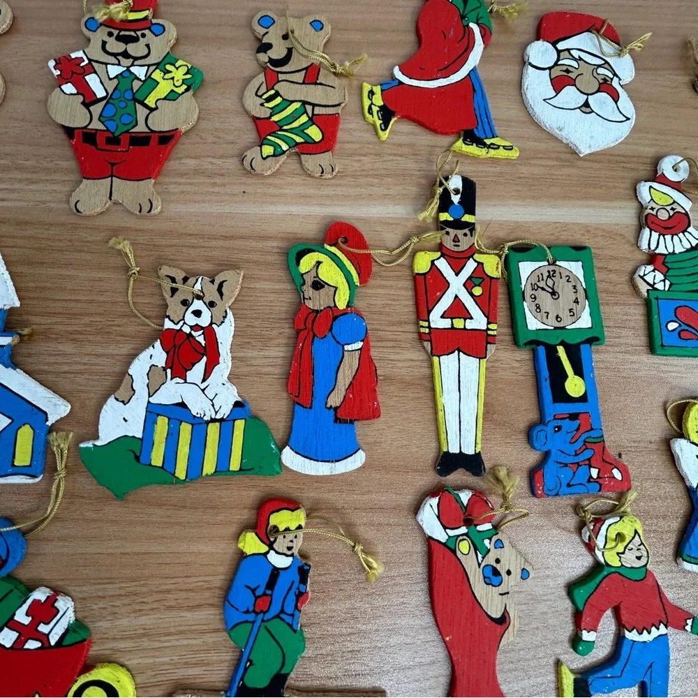 Lot Of 26 Vintage Wooden Christmas Ornaments Hand Painted Double Sided